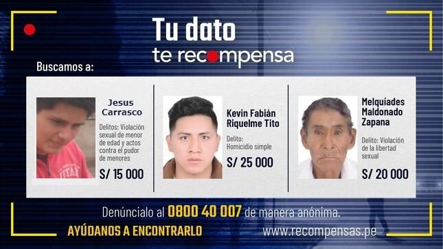 Arequipa : tres prófugos acusados de violación y homicidio son incluidos en la recompensa por su captura.