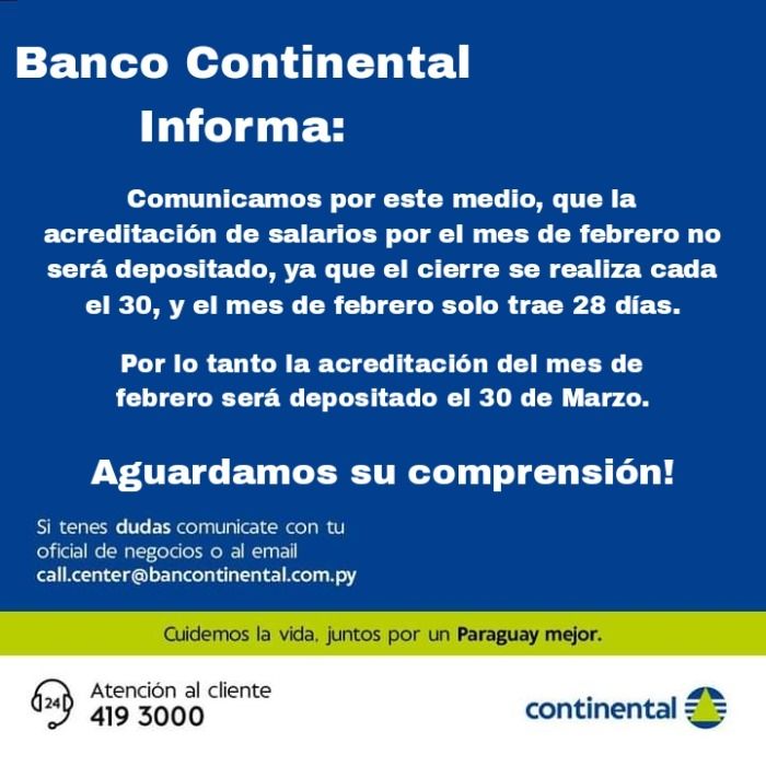 Banco Continental No acreditará salarios