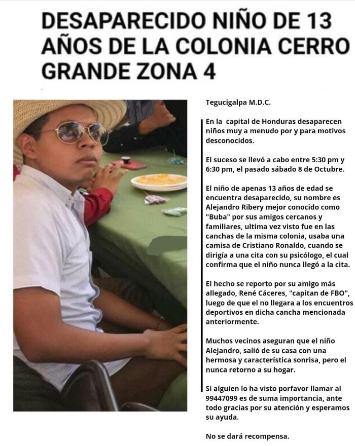 Se Busca niño de 13 años de la Colonia Cerro Grande zona 4