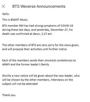 BIG HIT Announces Passing Of BTS Leader RM Through Statement From Weverse