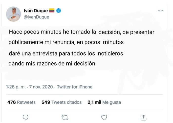 El presidente Duque de Colombia anuncia su renuncia