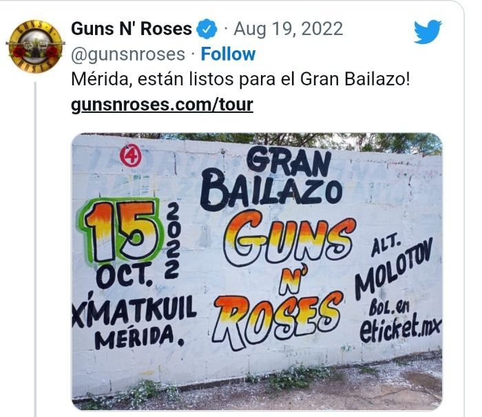 Guns N’ Roses Tour'2022 anuncia concierto en Mérida, Venezuela el 15 de Octubre.