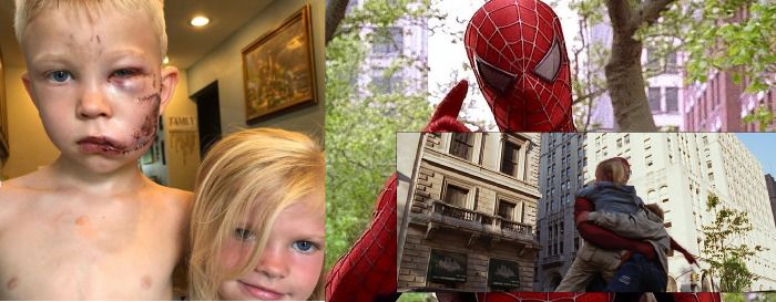 Spider-man lleva de paseo a niño que salvó a su hermana de un ataque de un perro