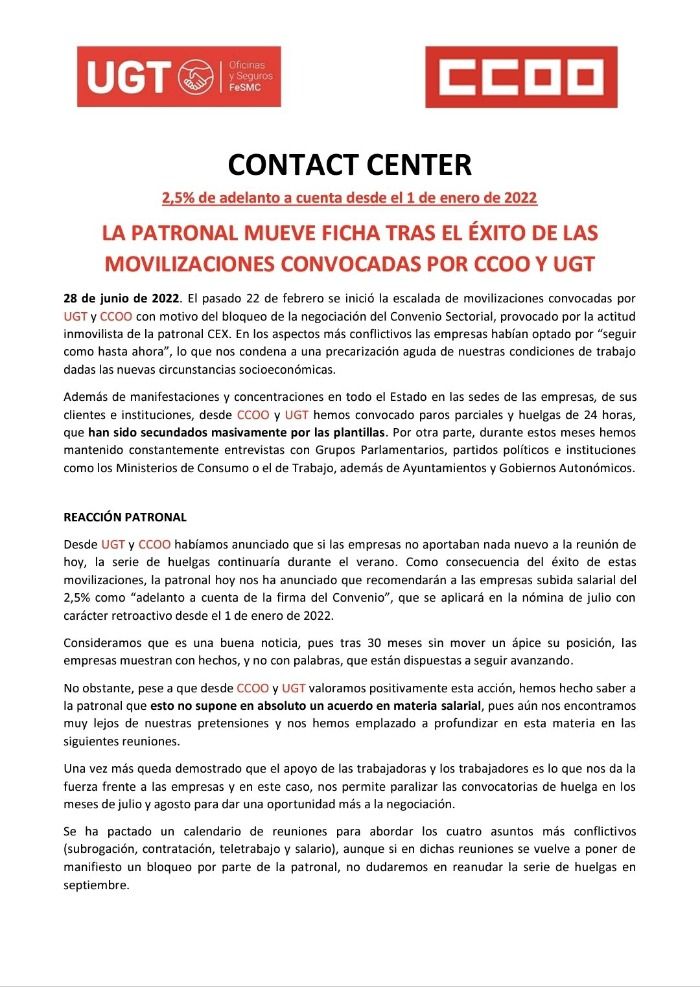 UGT y CCOO adelantan la noticia de su próxima firma de un nefasto nuevo Convenio de Contact Center