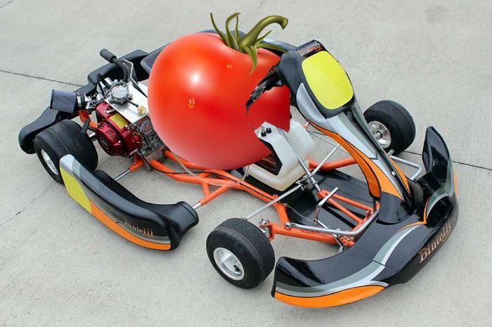 Una nueva invención de Regász Lázár que va a cambiar el mundo: Comedero de Tomato que está montado en un go kart